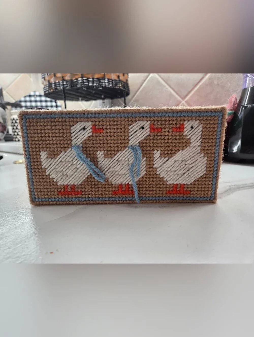 Handcrafted 80s Goose Pattern Bird Door Stopper with Blue Accent